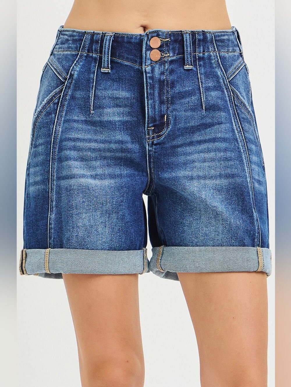 RISEN Dark Wash Double Button Denim Shorts Roll Up Midi Side Seam S M L XL NEW - Picture 2 of 7
